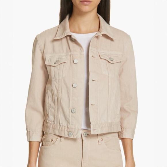 Trave Zoey Cropped Beige Denim Trucker Jacket Size M - Picture 1 of 7